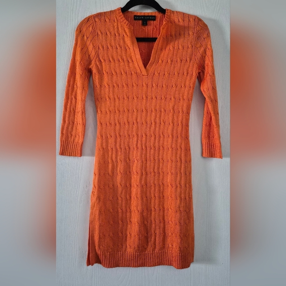 Ralph Lauren Black Label 100% Silk Orange Cable Knit Mini Dress Size XS